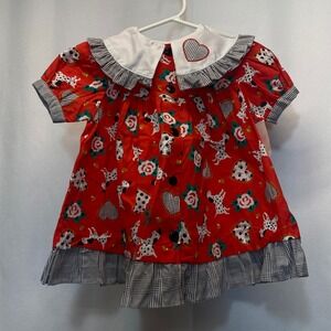 Mayfair Kids Red Dalmatian Dog Rose Plaid Collar Ruffle Dress Sears  2T VTG NEW